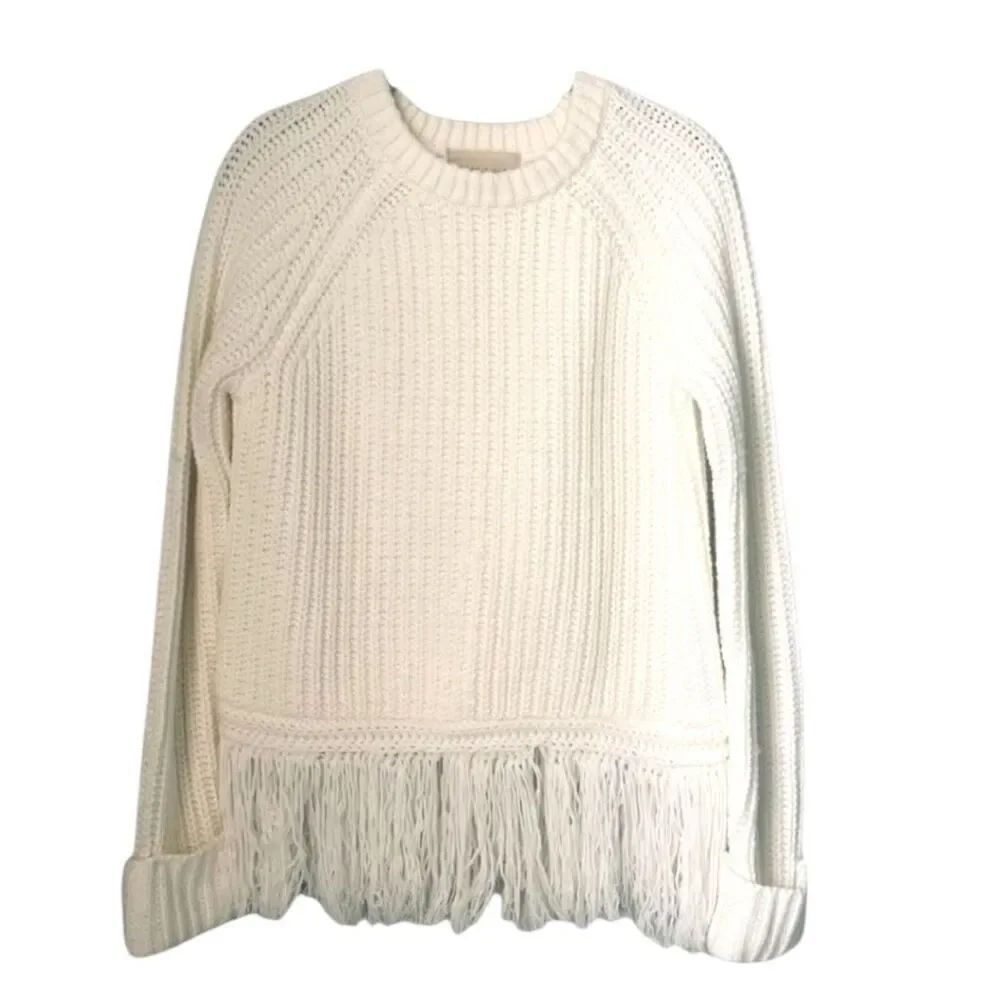 Anthropologie Moon River Fringe hem Crew neck Ribbed Knit Sweater Sz Small Ivory